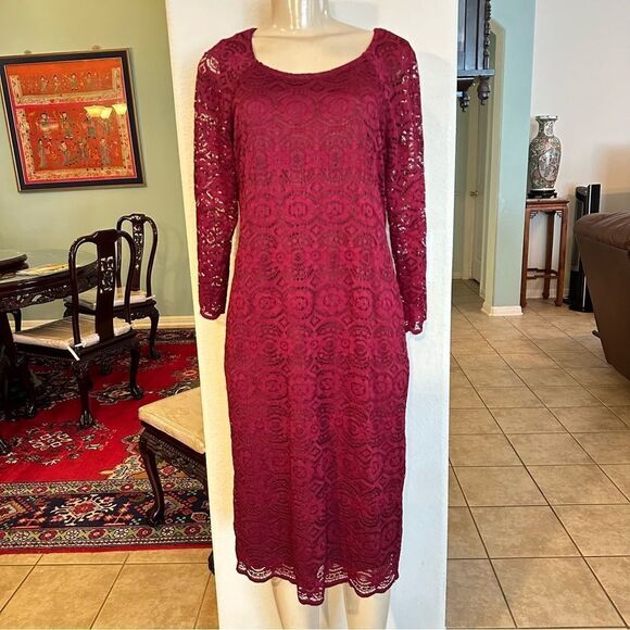 LIZ CLAIBORNE ROMANTIC BURGUNDY RED LACE FITTED STRETCH SHEATH COCKTAIL DRESS 12 - Picture 2 of 10